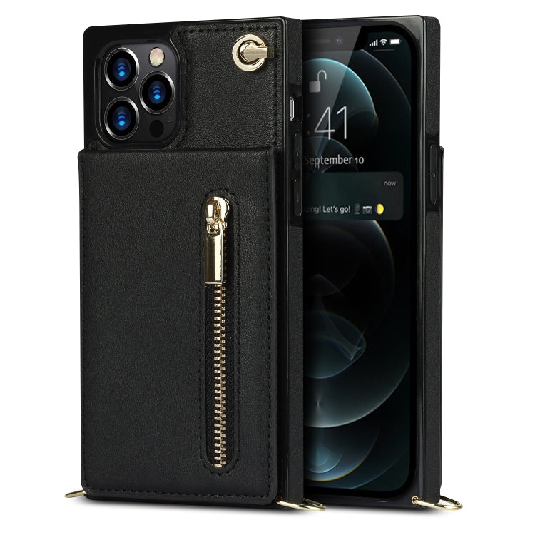 For iPhone 12 Pro Max Cross-body Zipper Square TPU+PU Back Cover Case with Holder & Card Slots & Wallet & Strap
