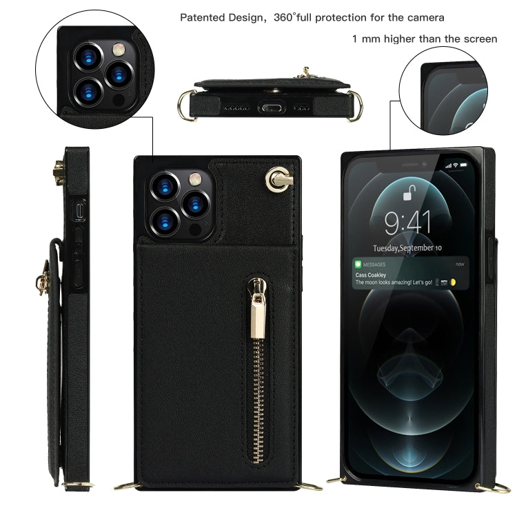 For iPhone 12 Pro Max Cross-body Zipper Square TPU+PU Back Cover Case with Holder & Card Slots & Wallet & Strap