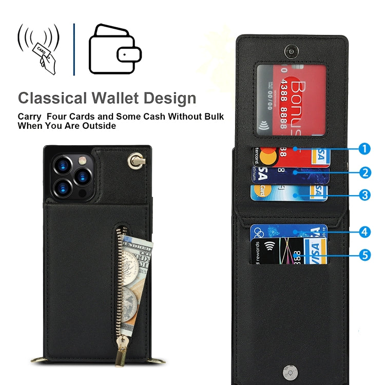 For iPhone 12 Pro Max Cross-body Zipper Square TPU+PU Back Cover Case with Holder & Card Slots & Wallet & Strap