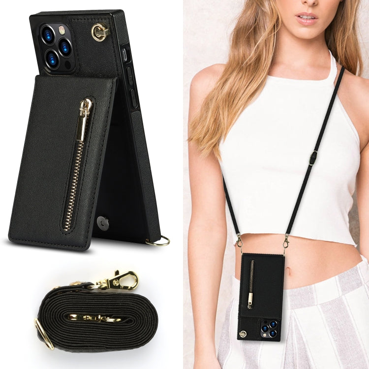 For iPhone 12 Pro Max Cross-body Zipper Square TPU+PU Back Cover Case with Holder & Card Slots & Wallet & Strap