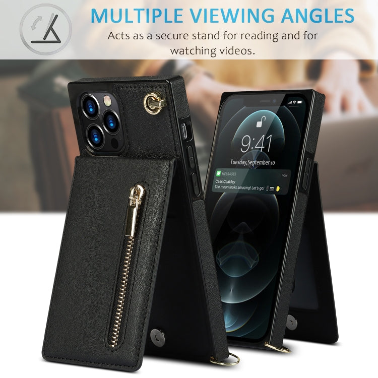 For iPhone 12 Pro Max Cross-body Zipper Square TPU+PU Back Cover Case with Holder & Card Slots & Wallet & Strap