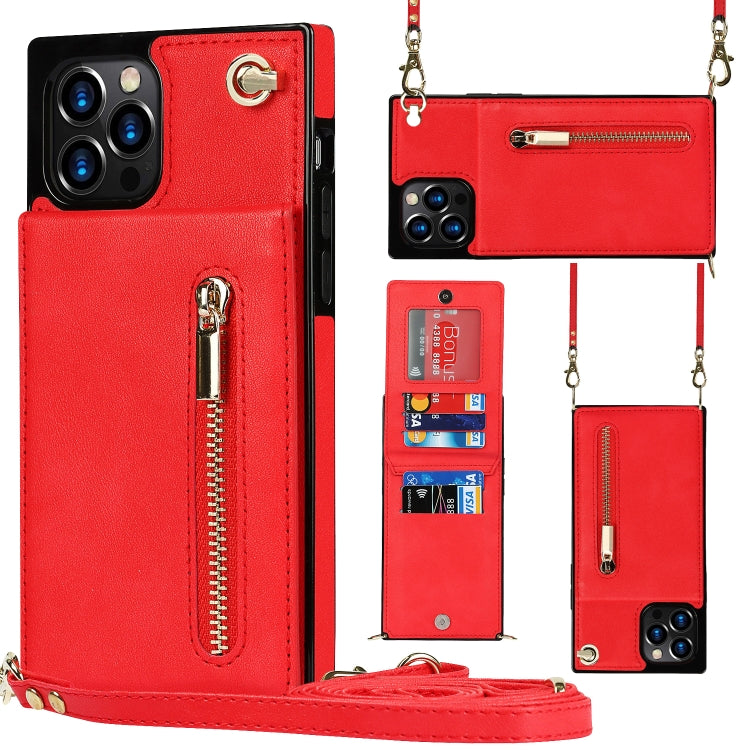 For iPhone 12 Pro Max Cross-body Zipper Square TPU+PU Back Cover Case with Holder & Card Slots & Wallet & Strap