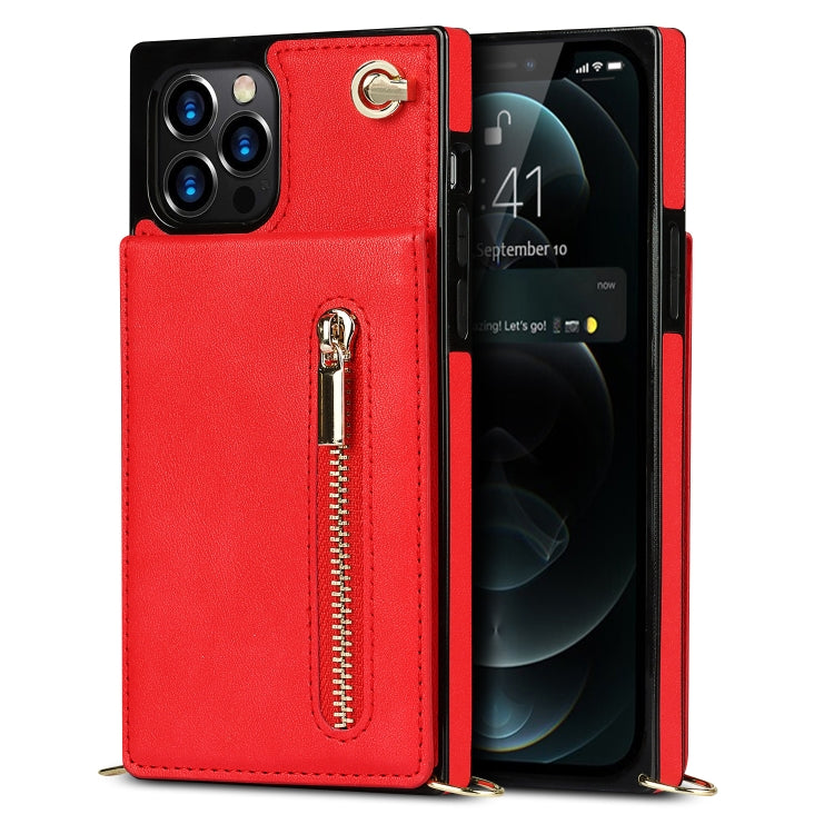 For iPhone 12 Pro Max Cross-body Zipper Square TPU+PU Back Cover Case with Holder & Card Slots & Wallet & Strap