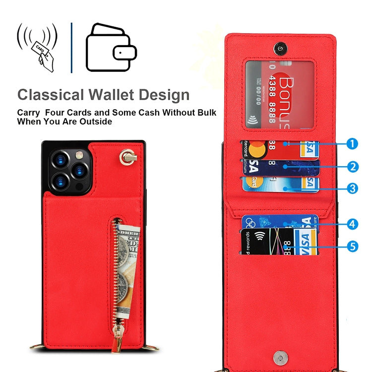 For iPhone 12 Pro Max Cross-body Zipper Square TPU+PU Back Cover Case with Holder & Card Slots & Wallet & Strap