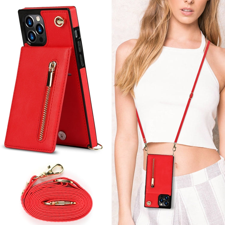 For iPhone 12 Pro Max Cross-body Zipper Square TPU+PU Back Cover Case with Holder & Card Slots & Wallet & Strap