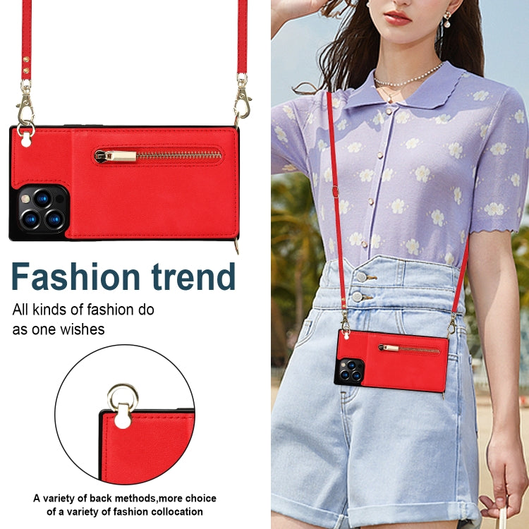 For iPhone 12 Pro Max Cross-body Zipper Square TPU+PU Back Cover Case with Holder & Card Slots & Wallet & Strap