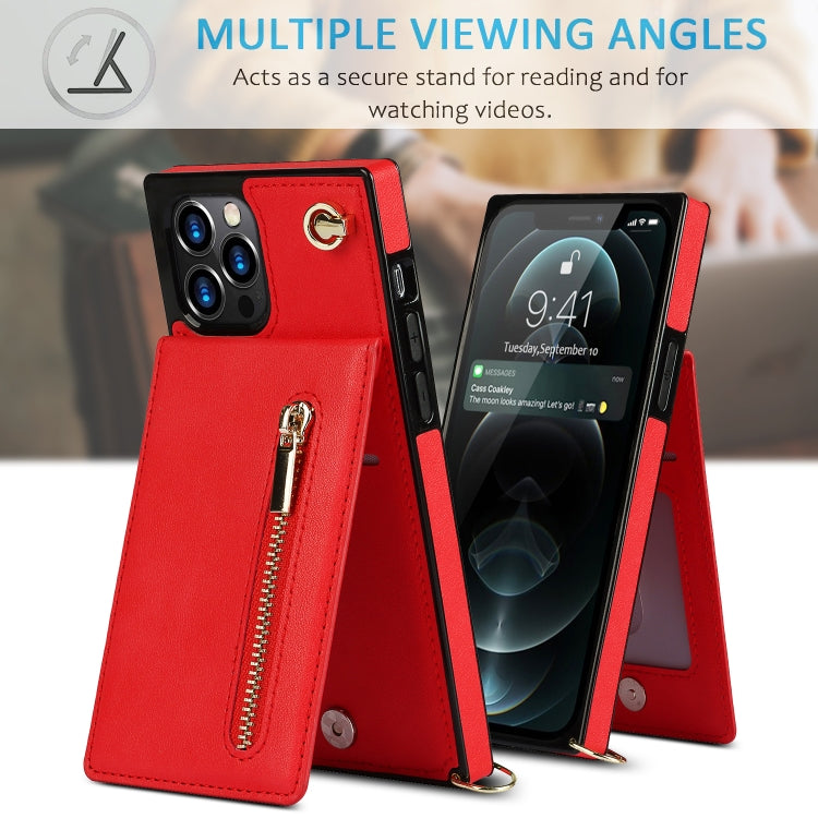 For iPhone 12 Pro Max Cross-body Zipper Square TPU+PU Back Cover Case with Holder & Card Slots & Wallet & Strap
