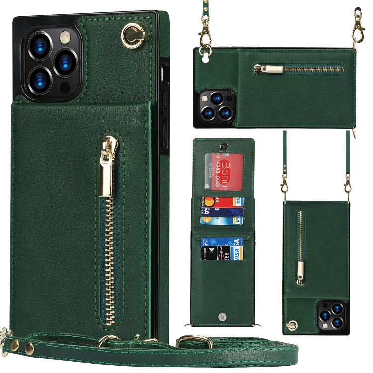 For iPhone 12 Pro Max Cross-body Zipper Square TPU+PU Back Cover Case with Holder & Card Slots & Wallet & Strap
