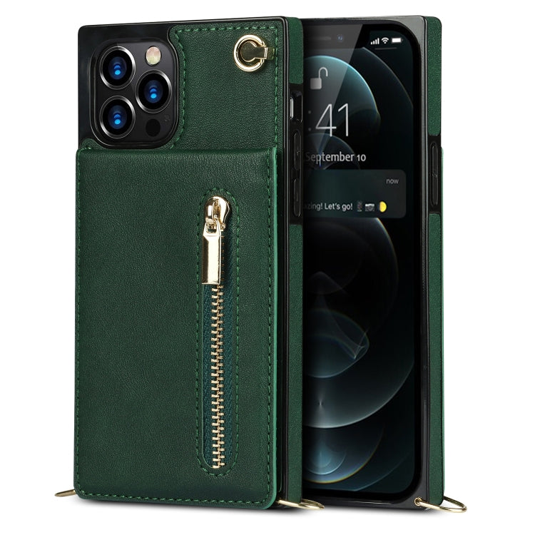 For iPhone 12 Pro Max Cross-body Zipper Square TPU+PU Back Cover Case with Holder & Card Slots & Wallet & Strap
