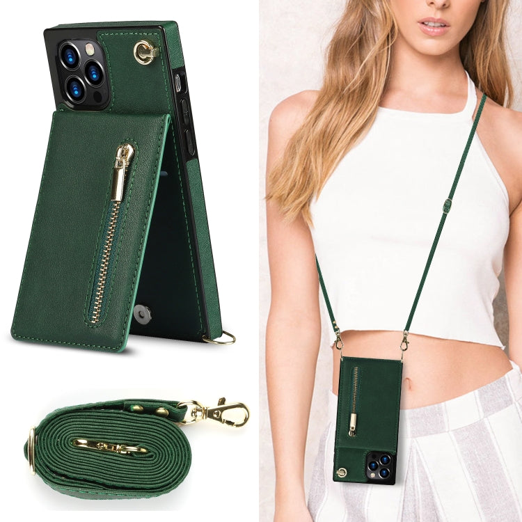 For iPhone 12 Pro Max Cross-body Zipper Square TPU+PU Back Cover Case with Holder & Card Slots & Wallet & Strap