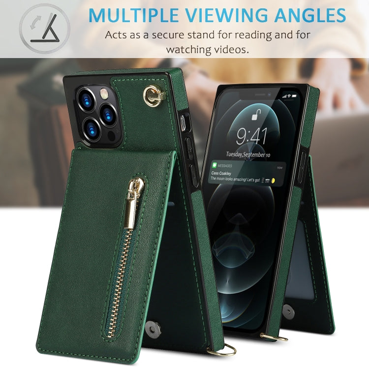 For iPhone 12 Pro Max Cross-body Zipper Square TPU+PU Back Cover Case with Holder & Card Slots & Wallet & Strap