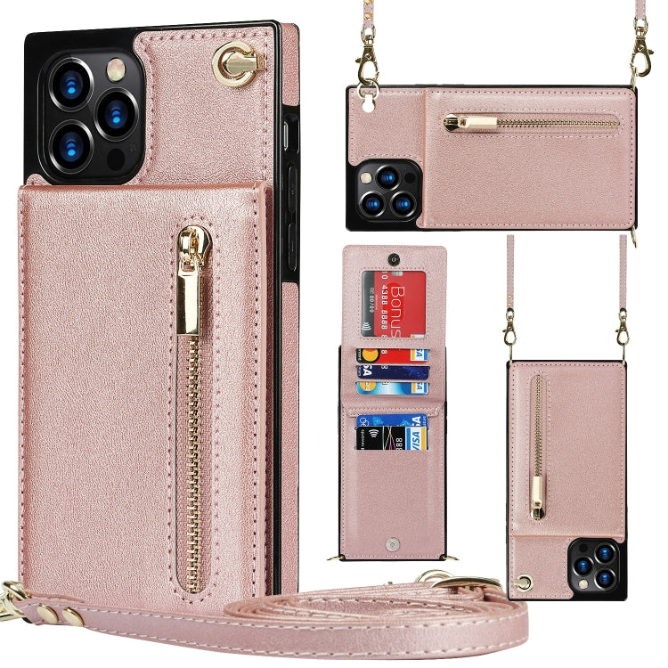 For iPhone 12 Pro Max Cross-body Zipper Square TPU+PU Back Cover Case with Holder & Card Slots & Wallet & Strap