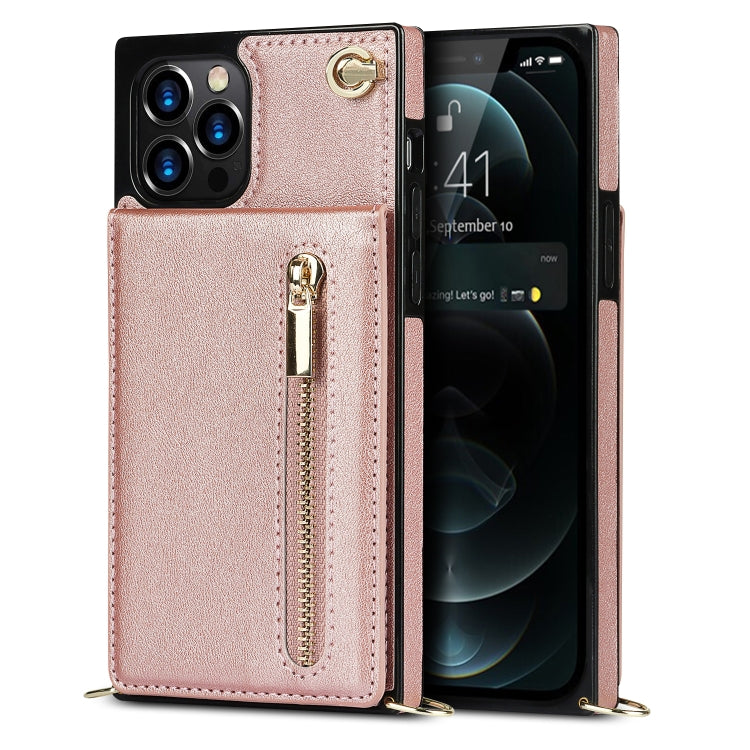For iPhone 12 Pro Max Cross-body Zipper Square TPU+PU Back Cover Case with Holder & Card Slots & Wallet & Strap