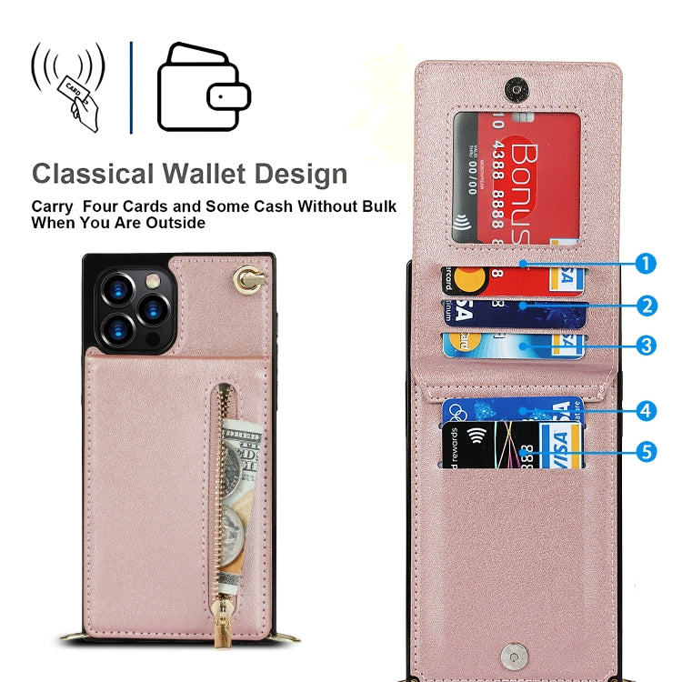 For iPhone 12 Pro Max Cross-body Zipper Square TPU+PU Back Cover Case with Holder & Card Slots & Wallet & Strap