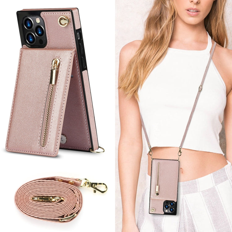 For iPhone 12 Pro Max Cross-body Zipper Square TPU+PU Back Cover Case with Holder & Card Slots & Wallet & Strap