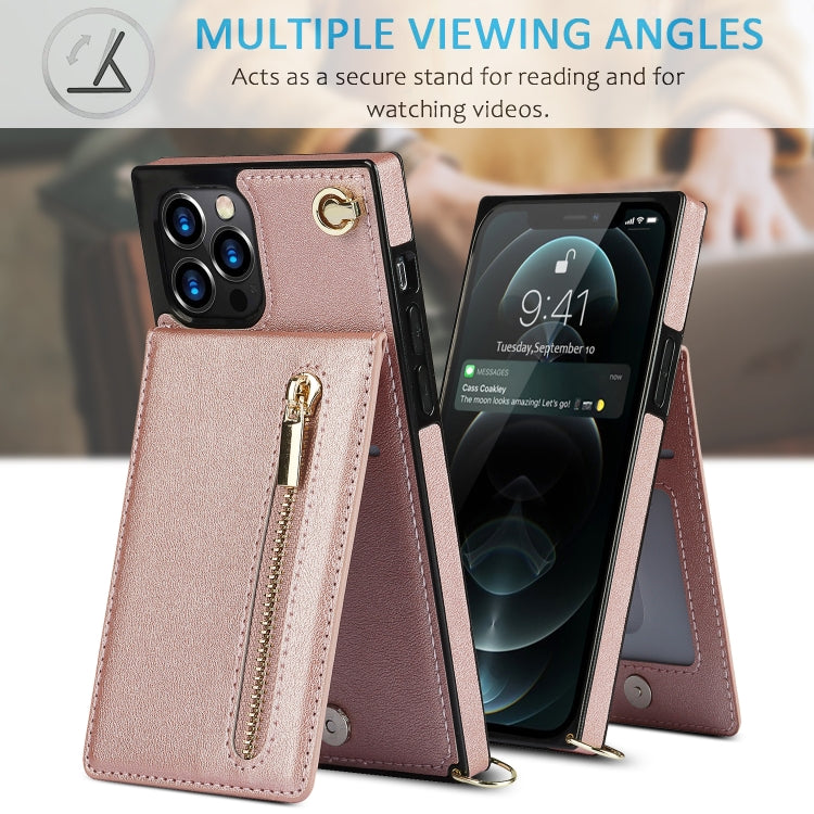 For iPhone 12 Pro Max Cross-body Zipper Square TPU+PU Back Cover Case with Holder & Card Slots & Wallet & Strap