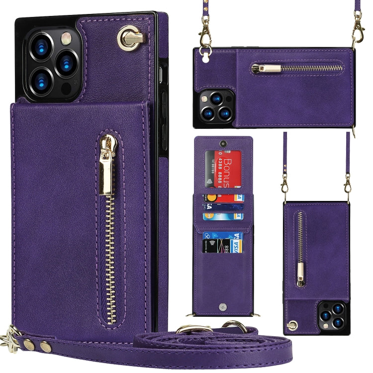 For iPhone 12 Pro Max Cross-body Zipper Square TPU+PU Back Cover Case with Holder & Card Slots & Wallet & Strap