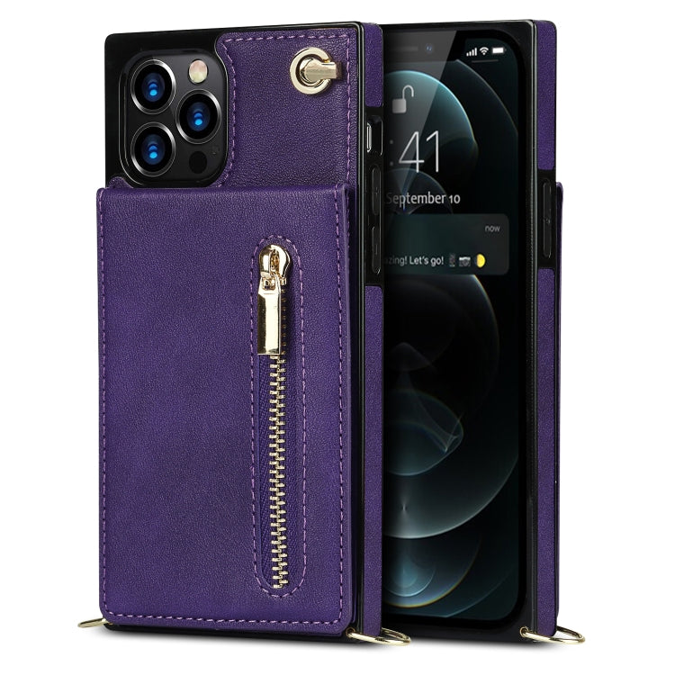 For iPhone 12 Pro Max Cross-body Zipper Square TPU+PU Back Cover Case with Holder & Card Slots & Wallet & Strap