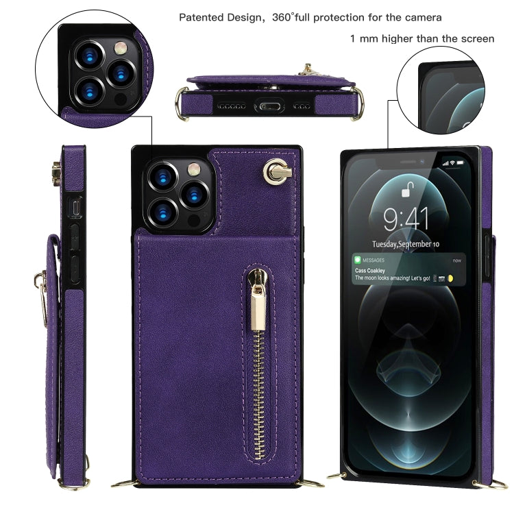 For iPhone 12 Pro Max Cross-body Zipper Square TPU+PU Back Cover Case with Holder & Card Slots & Wallet & Strap
