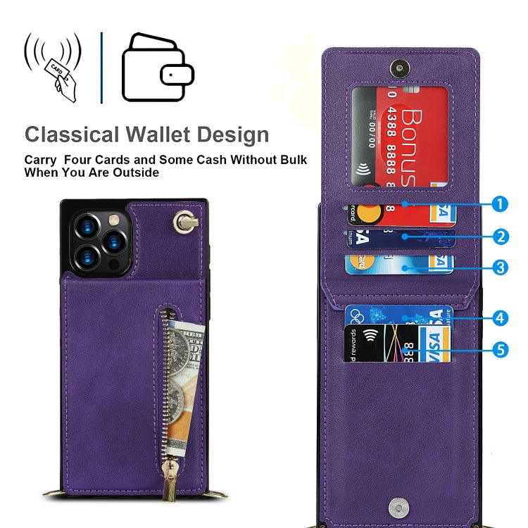 For iPhone 12 Pro Max Cross-body Zipper Square TPU+PU Back Cover Case with Holder & Card Slots & Wallet & Strap