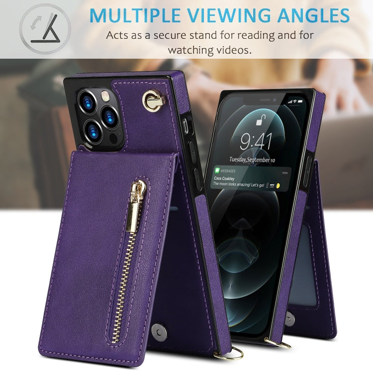 For iPhone 12 Pro Max Cross-body Zipper Square TPU+PU Back Cover Case with Holder & Card Slots & Wallet & Strap