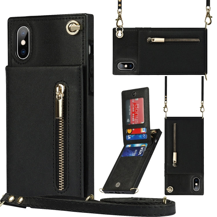 For iPhone X / XS Cross-body Zipper Square TPU+PU Back Cover Case with Holder & Card Slots & Wallet & Strap