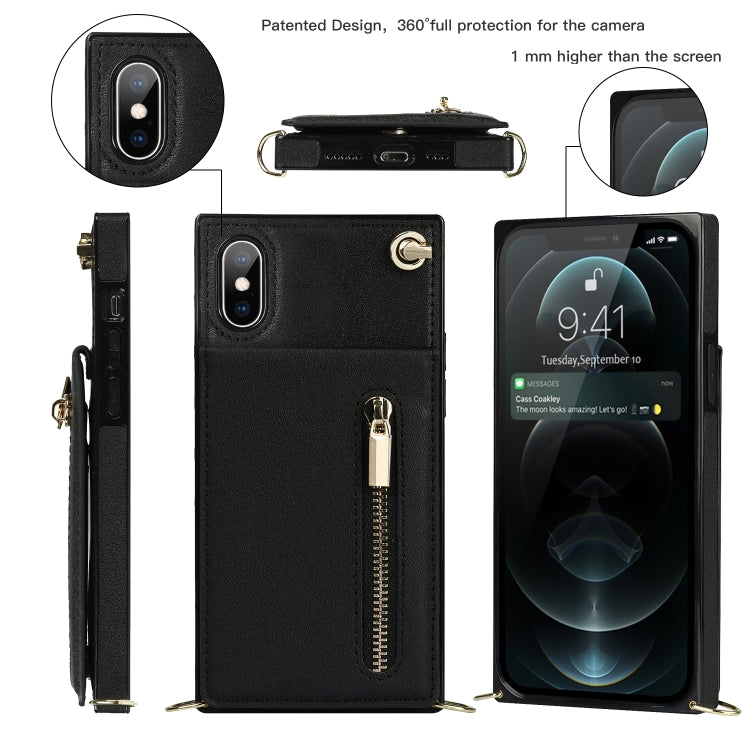 For iPhone X / XS Cross-body Zipper Square TPU+PU Back Cover Case with Holder & Card Slots & Wallet & Strap