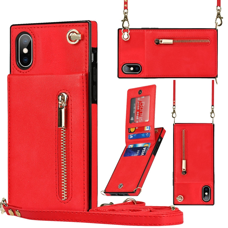 For iPhone X / XS Cross-body Zipper Square TPU+PU Back Cover Case with Holder & Card Slots & Wallet & Strap