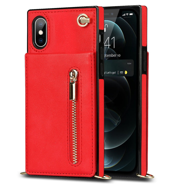 For iPhone X / XS Cross-body Zipper Square TPU+PU Back Cover Case with Holder & Card Slots & Wallet & Strap