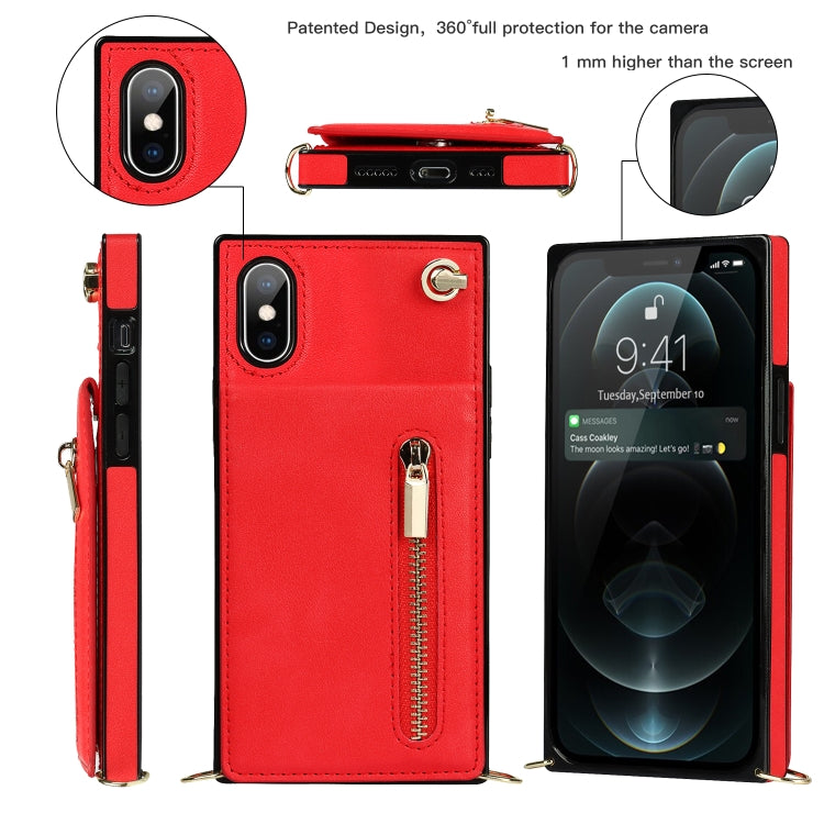 For iPhone X / XS Cross-body Zipper Square TPU+PU Back Cover Case with Holder & Card Slots & Wallet & Strap