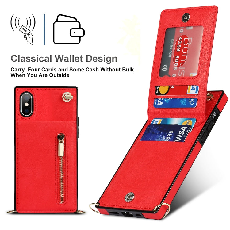 For iPhone X / XS Cross-body Zipper Square TPU+PU Back Cover Case with Holder & Card Slots & Wallet & Strap