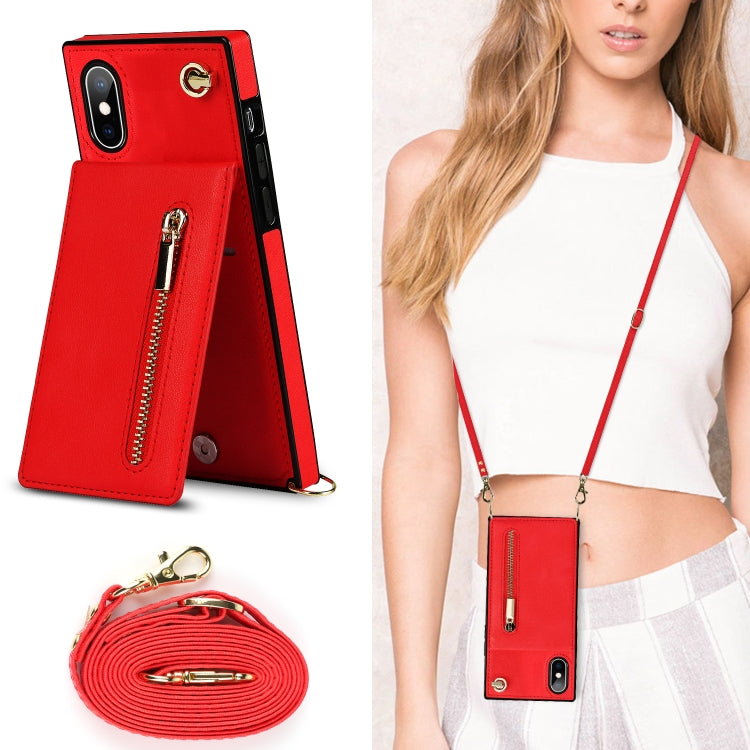 For iPhone X / XS Cross-body Zipper Square TPU+PU Back Cover Case with Holder & Card Slots & Wallet & Strap