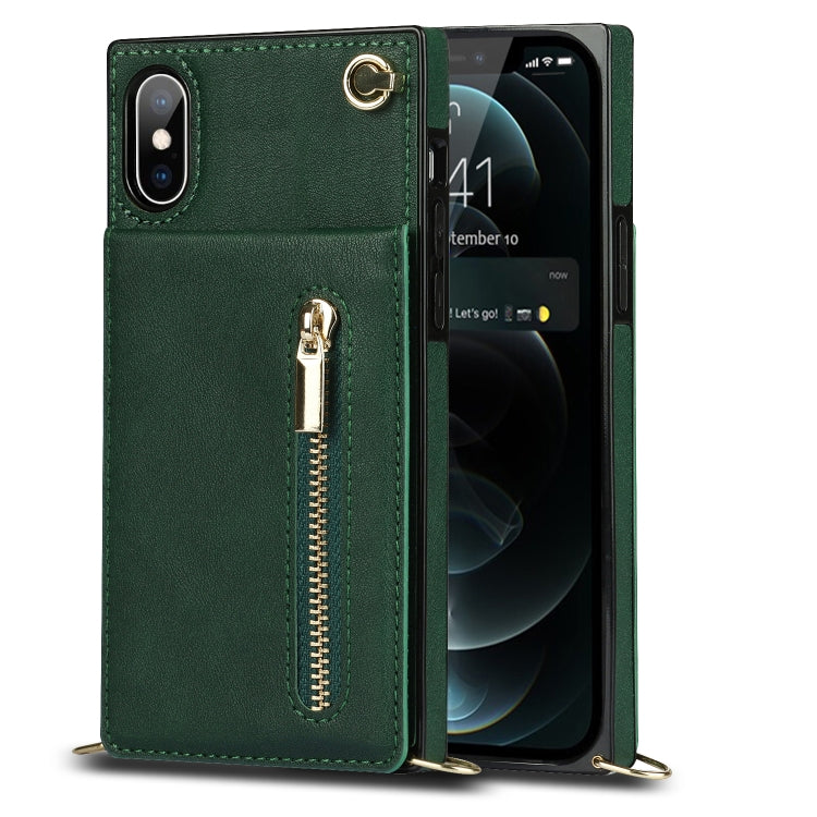 For iPhone X / XS Cross-body Zipper Square TPU+PU Back Cover Case with Holder & Card Slots & Wallet & Strap