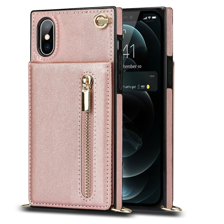 For iPhone X / XS Cross-body Zipper Square TPU+PU Back Cover Case with Holder & Card Slots & Wallet & Strap