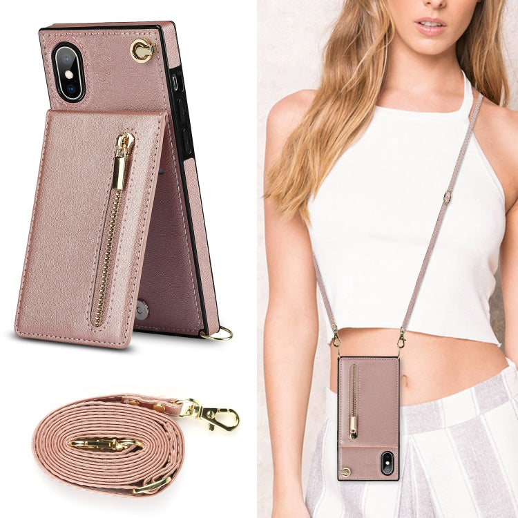 For iPhone X / XS Cross-body Zipper Square TPU+PU Back Cover Case with Holder & Card Slots & Wallet & Strap