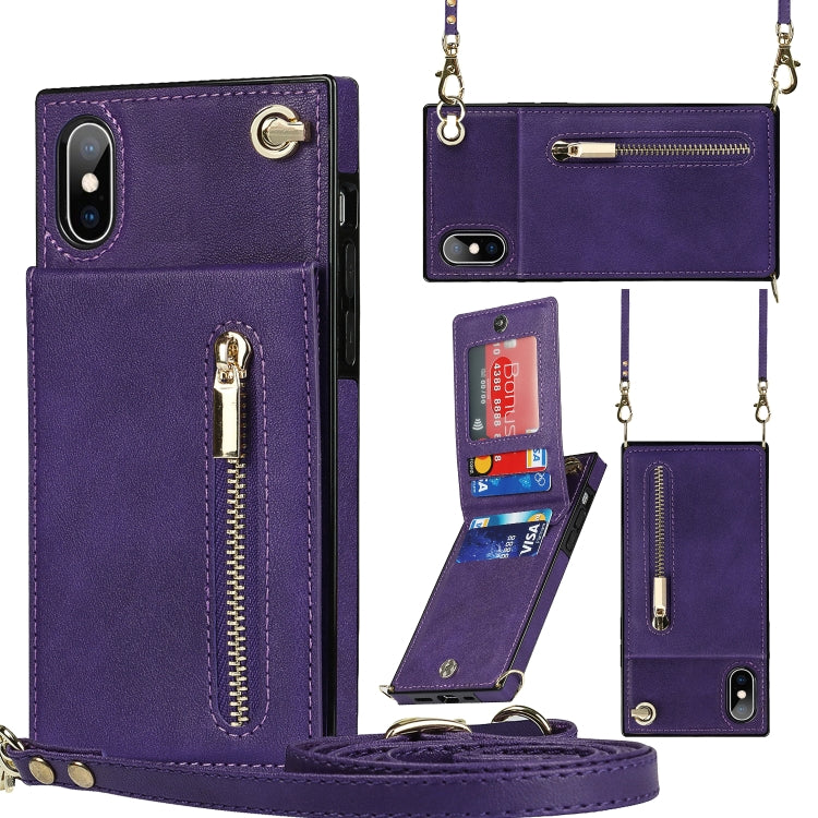 For iPhone X / XS Cross-body Zipper Square TPU+PU Back Cover Case with Holder & Card Slots & Wallet & Strap