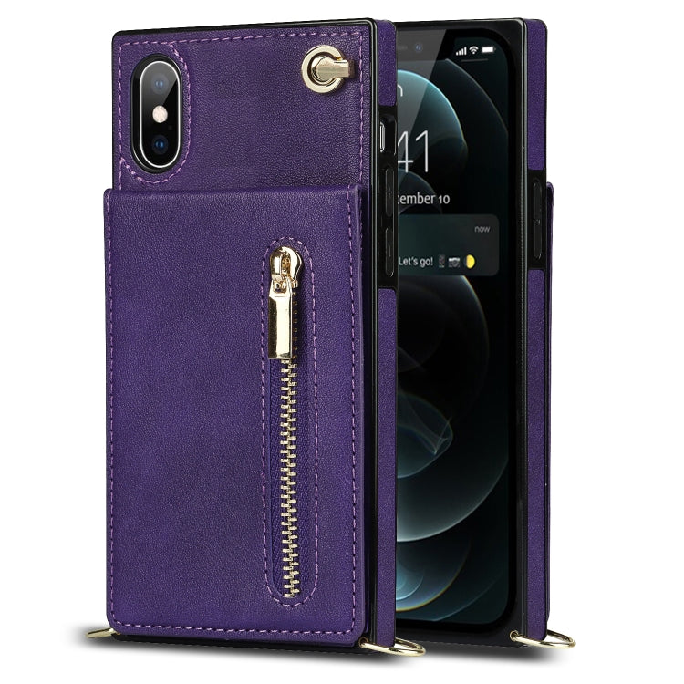 For iPhone X / XS Cross-body Zipper Square TPU+PU Back Cover Case with Holder & Card Slots & Wallet & Strap
