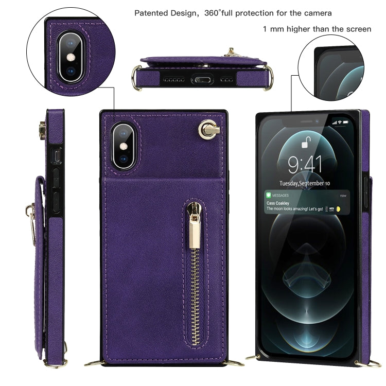 For iPhone X / XS Cross-body Zipper Square TPU+PU Back Cover Case with Holder & Card Slots & Wallet & Strap