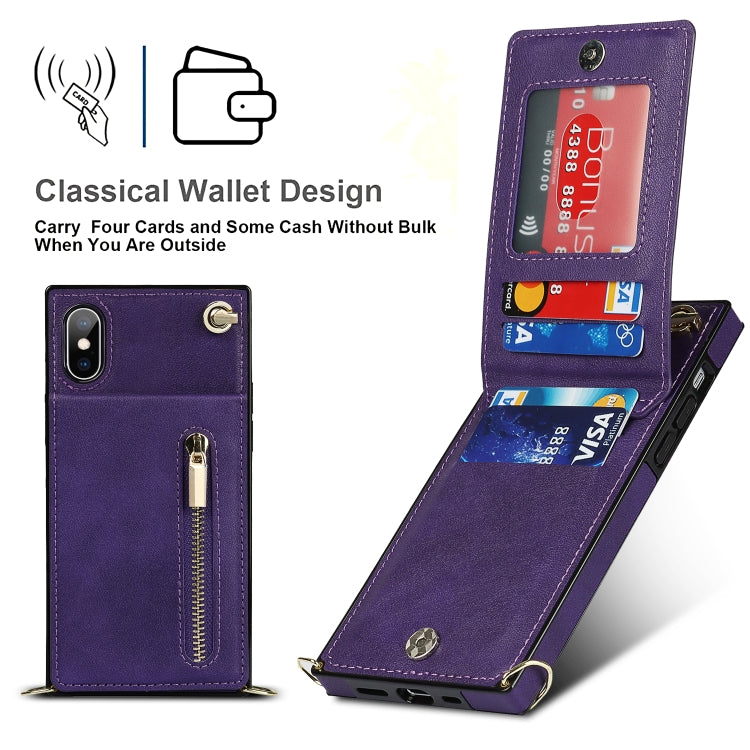 For iPhone X / XS Cross-body Zipper Square TPU+PU Back Cover Case with Holder & Card Slots & Wallet & Strap