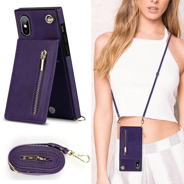 For iPhone X / XS Cross-body Zipper Square TPU+PU Back Cover Case with Holder & Card Slots & Wallet & Strap