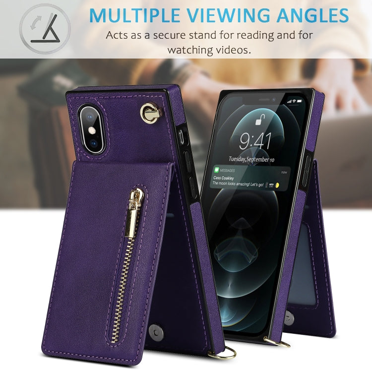 For iPhone X / XS Cross-body Zipper Square TPU+PU Back Cover Case with Holder & Card Slots & Wallet & Strap