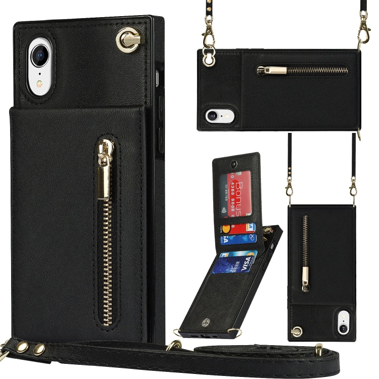 For iPhone XR Cross-body Zipper Square TPU+PU Back Cover Case with Holder & Card Slots & Wallet & Strap