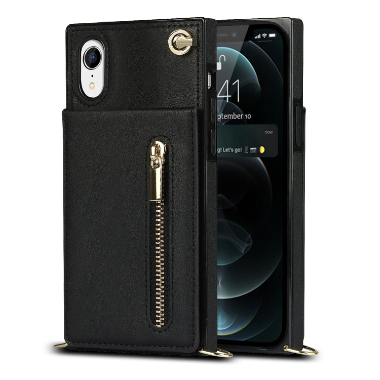 For iPhone XR Cross-body Zipper Square TPU+PU Back Cover Case with Holder & Card Slots & Wallet & Strap