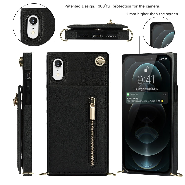 For iPhone XR Cross-body Zipper Square TPU+PU Back Cover Case with Holder & Card Slots & Wallet & Strap