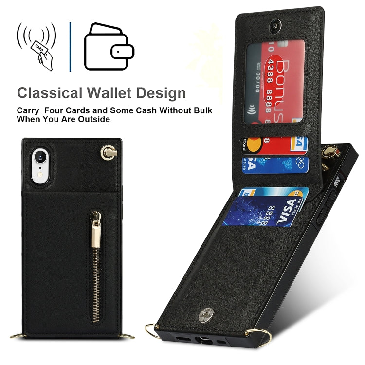 For iPhone XR Cross-body Zipper Square TPU+PU Back Cover Case with Holder & Card Slots & Wallet & Strap