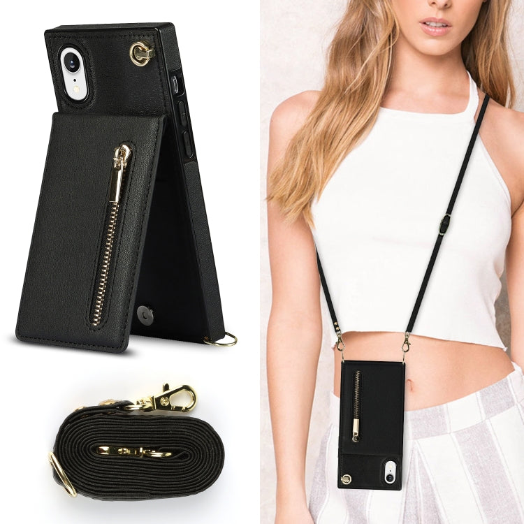 For iPhone XR Cross-body Zipper Square TPU+PU Back Cover Case with Holder & Card Slots & Wallet & Strap