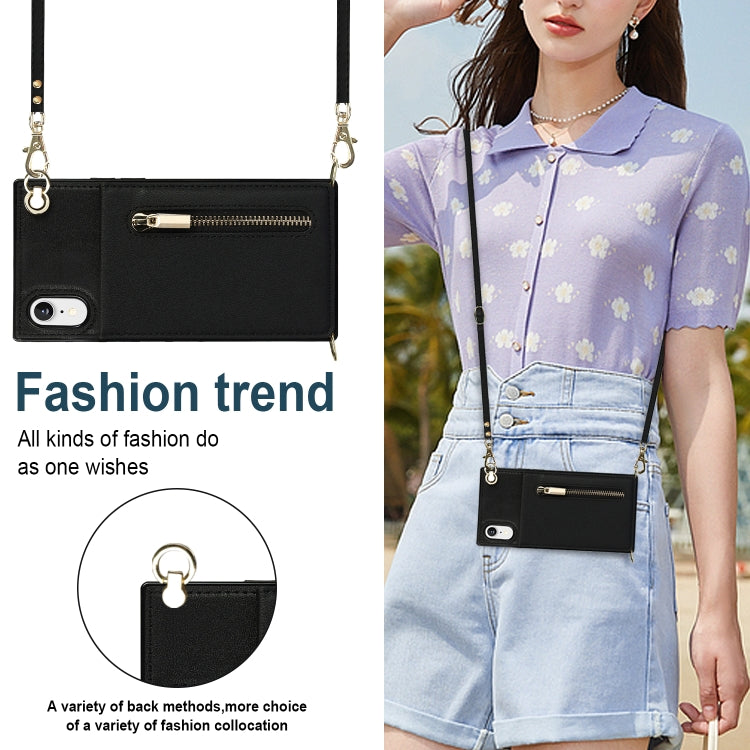 For iPhone XR Cross-body Zipper Square TPU+PU Back Cover Case with Holder & Card Slots & Wallet & Strap