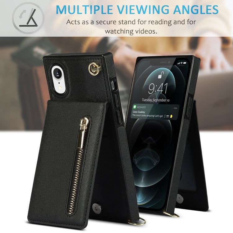 For iPhone XR Cross-body Zipper Square TPU+PU Back Cover Case with Holder & Card Slots & Wallet & Strap