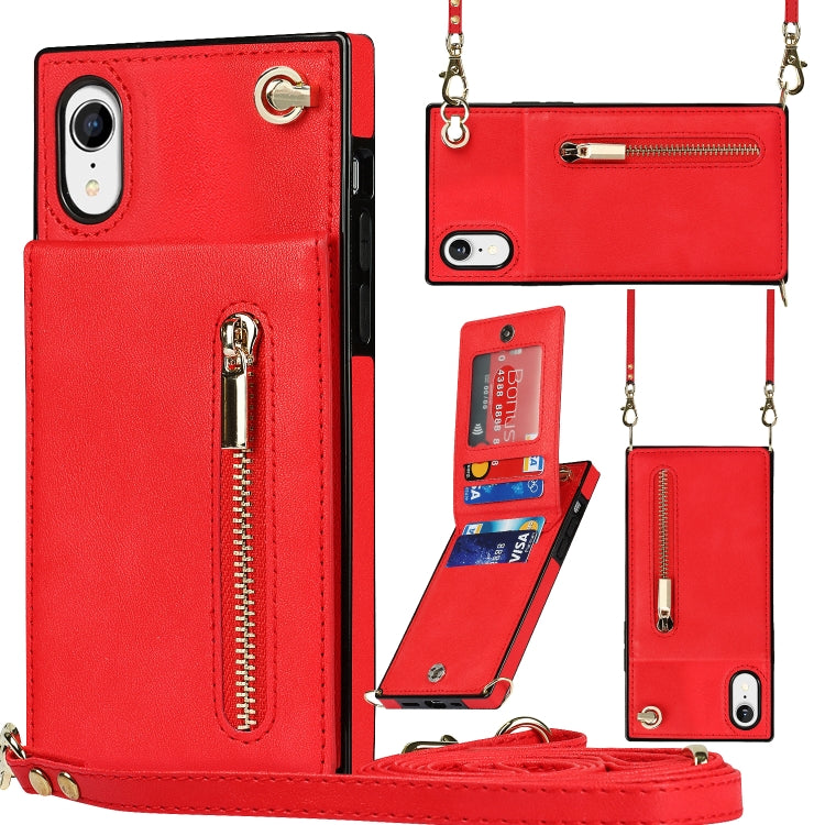 For iPhone XR Cross-body Zipper Square TPU+PU Back Cover Case with Holder & Card Slots & Wallet & Strap