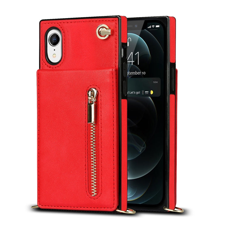 For iPhone XR Cross-body Zipper Square TPU+PU Back Cover Case with Holder & Card Slots & Wallet & Strap